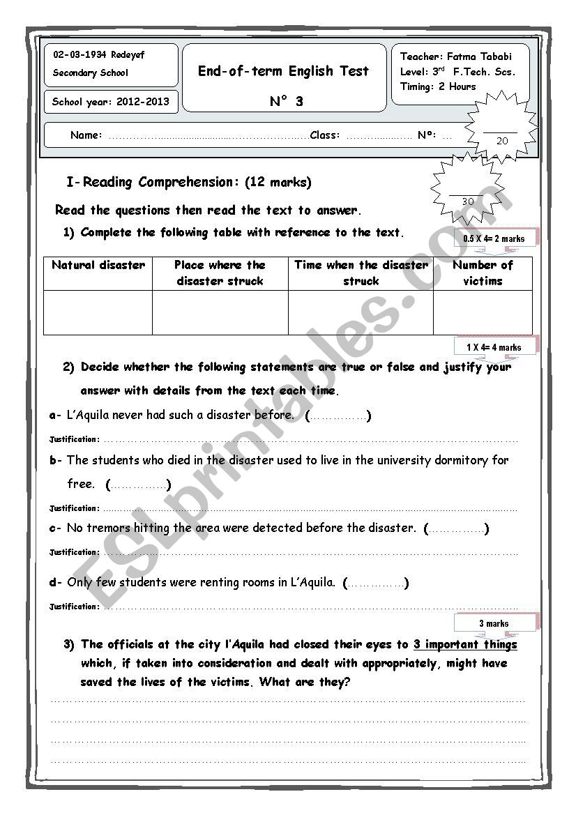 End-of-term English Test N° 3 3rd Form - ESL worksheet by fatma tababi