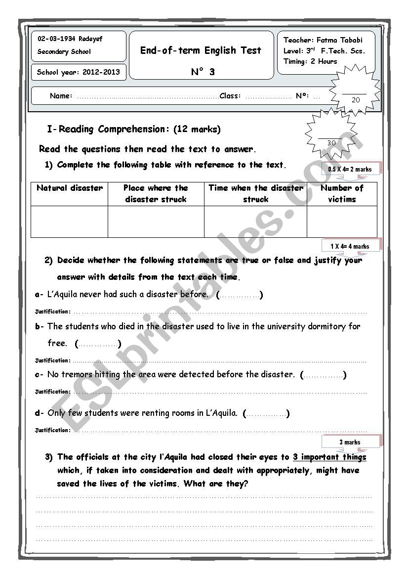 End-of-term English Test  N 3 3rd  Form