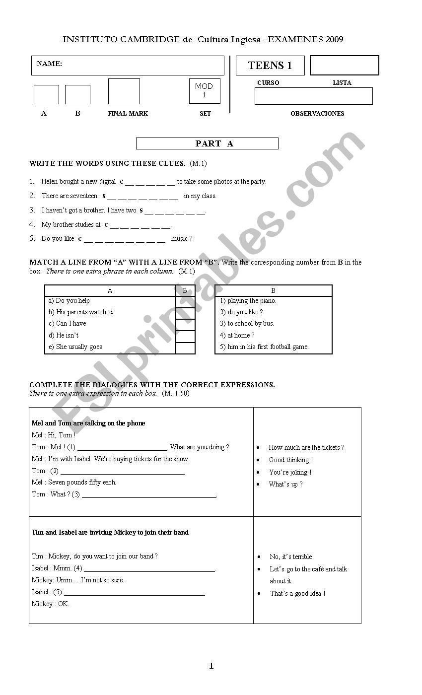 mock test teens 1 worksheet