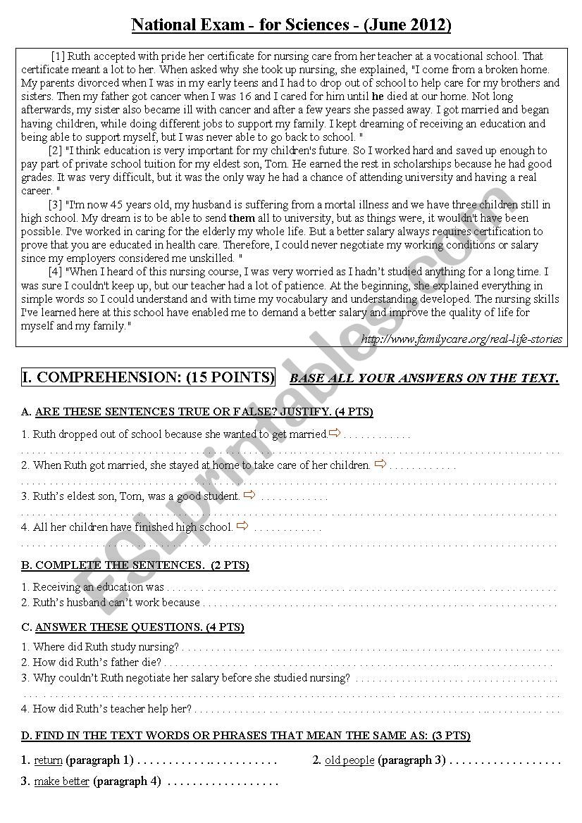  National Exam - for sciences - (June 2012)