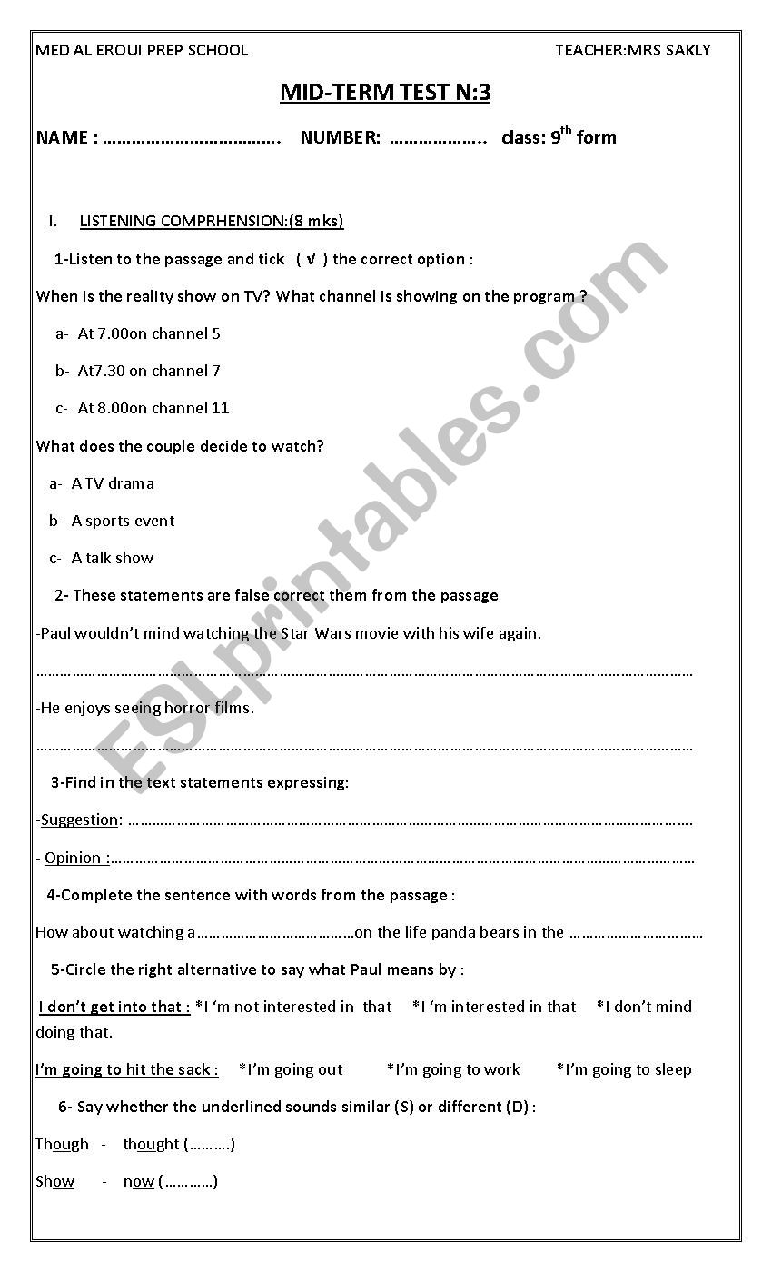 Mid-Term test N3 9th form worksheet