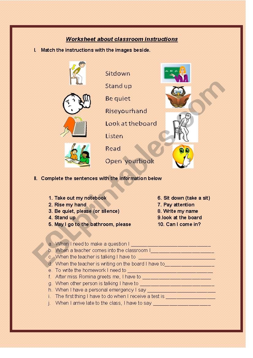Classroom instructions worksheet
