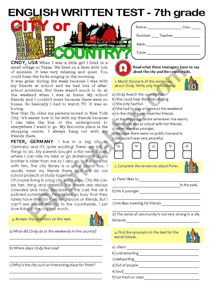 CITY vs COUNTRYLIFE - TEST (7th grade) key included