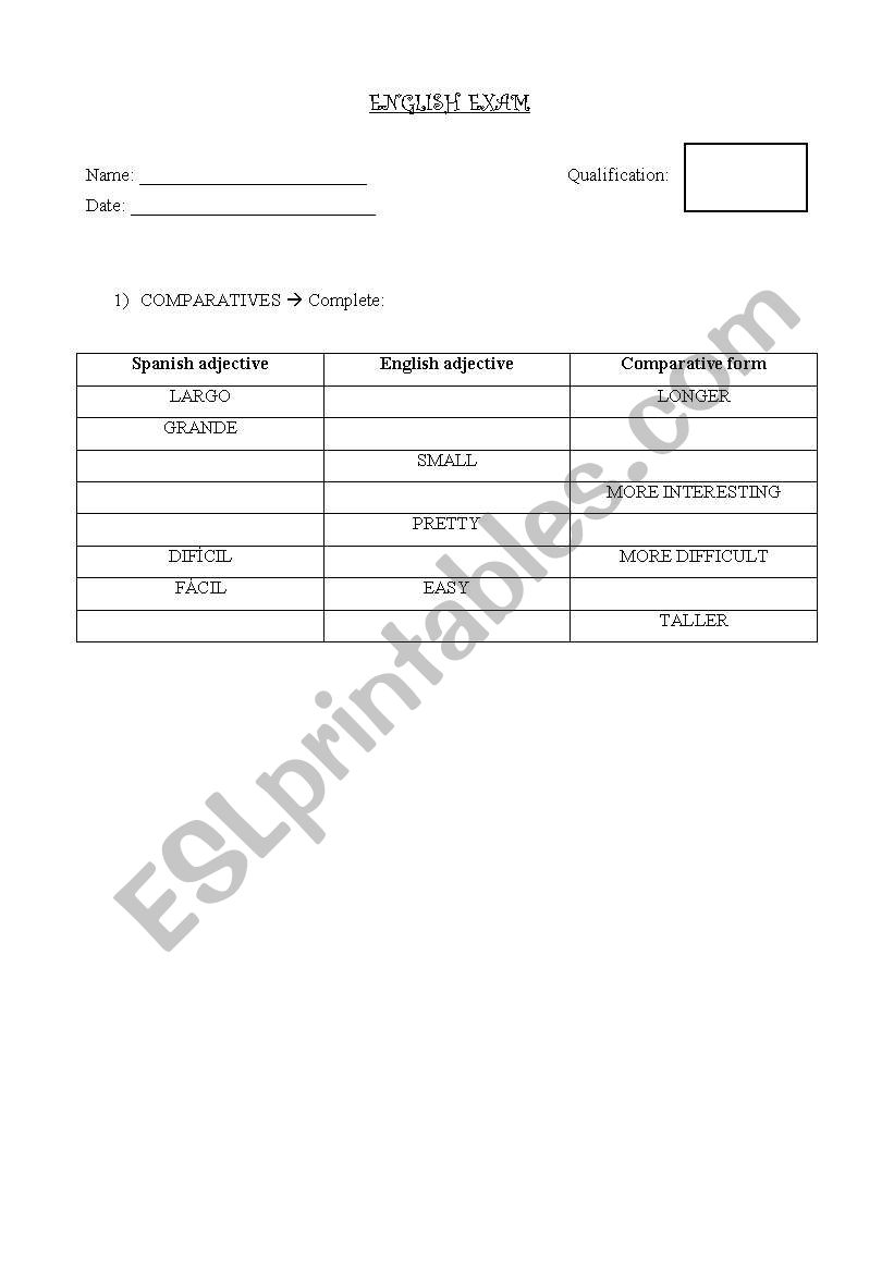 English exam worksheet