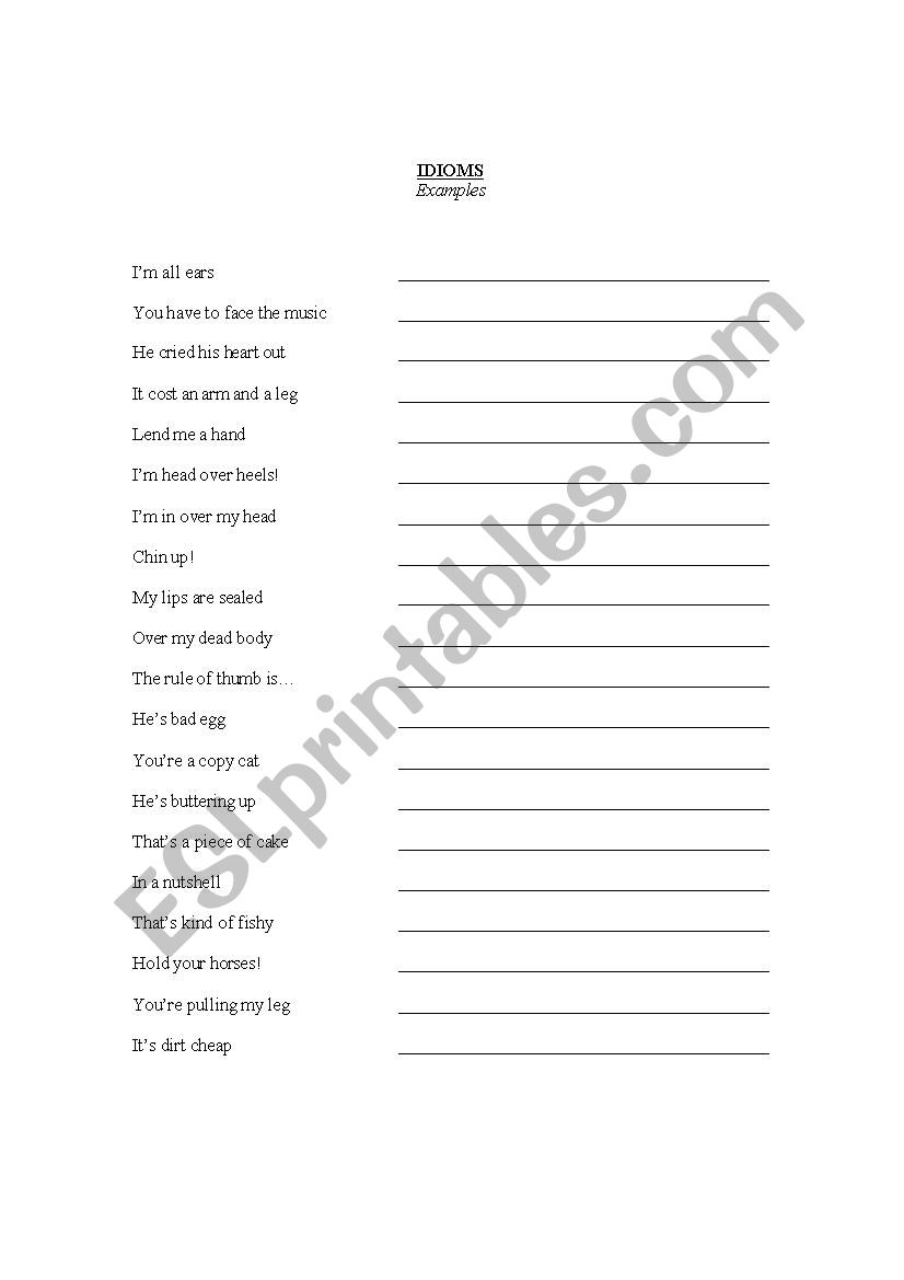 Idioms examples worksheet Idioms examples worksheet