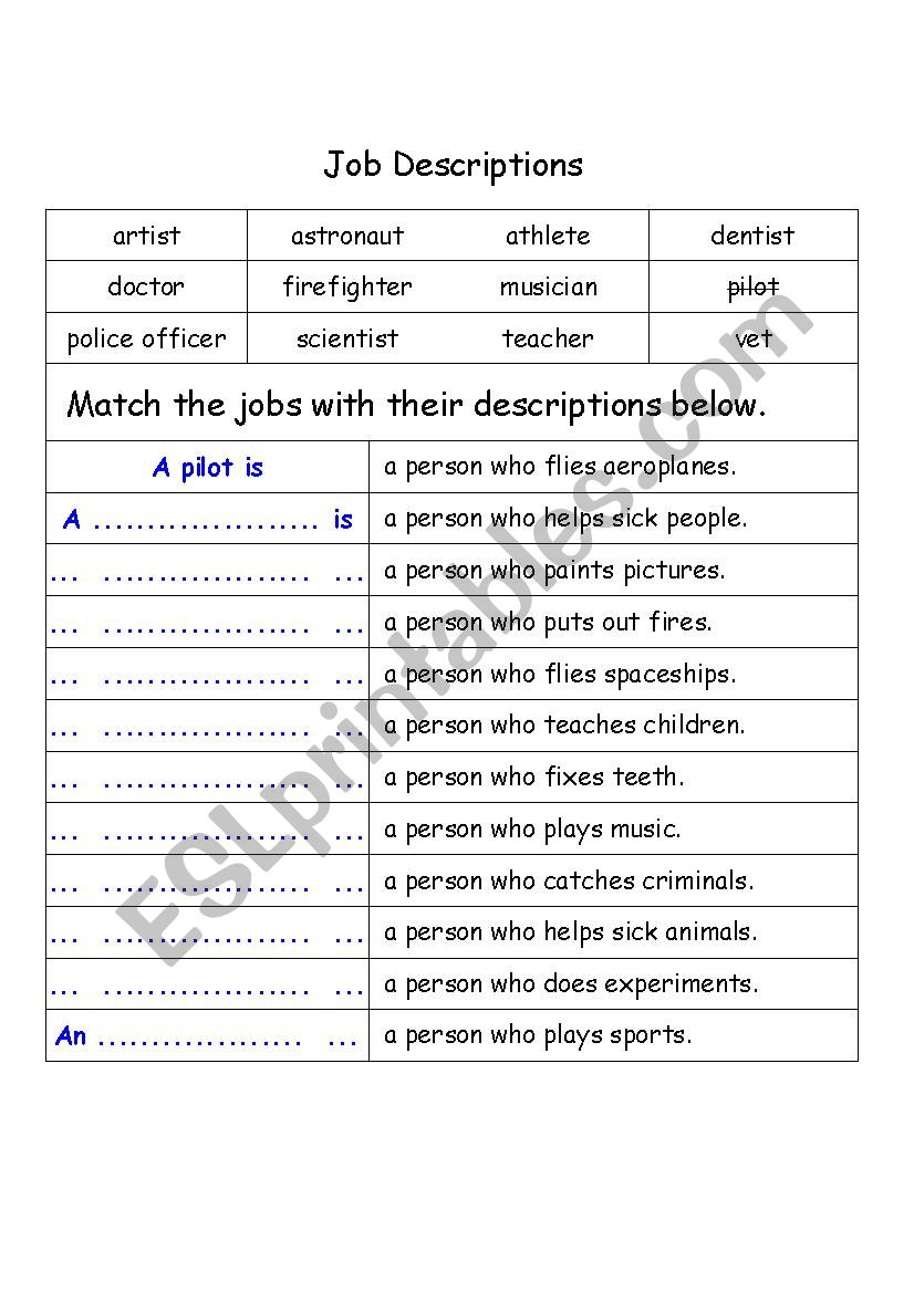 Job descriptions matching worksheet