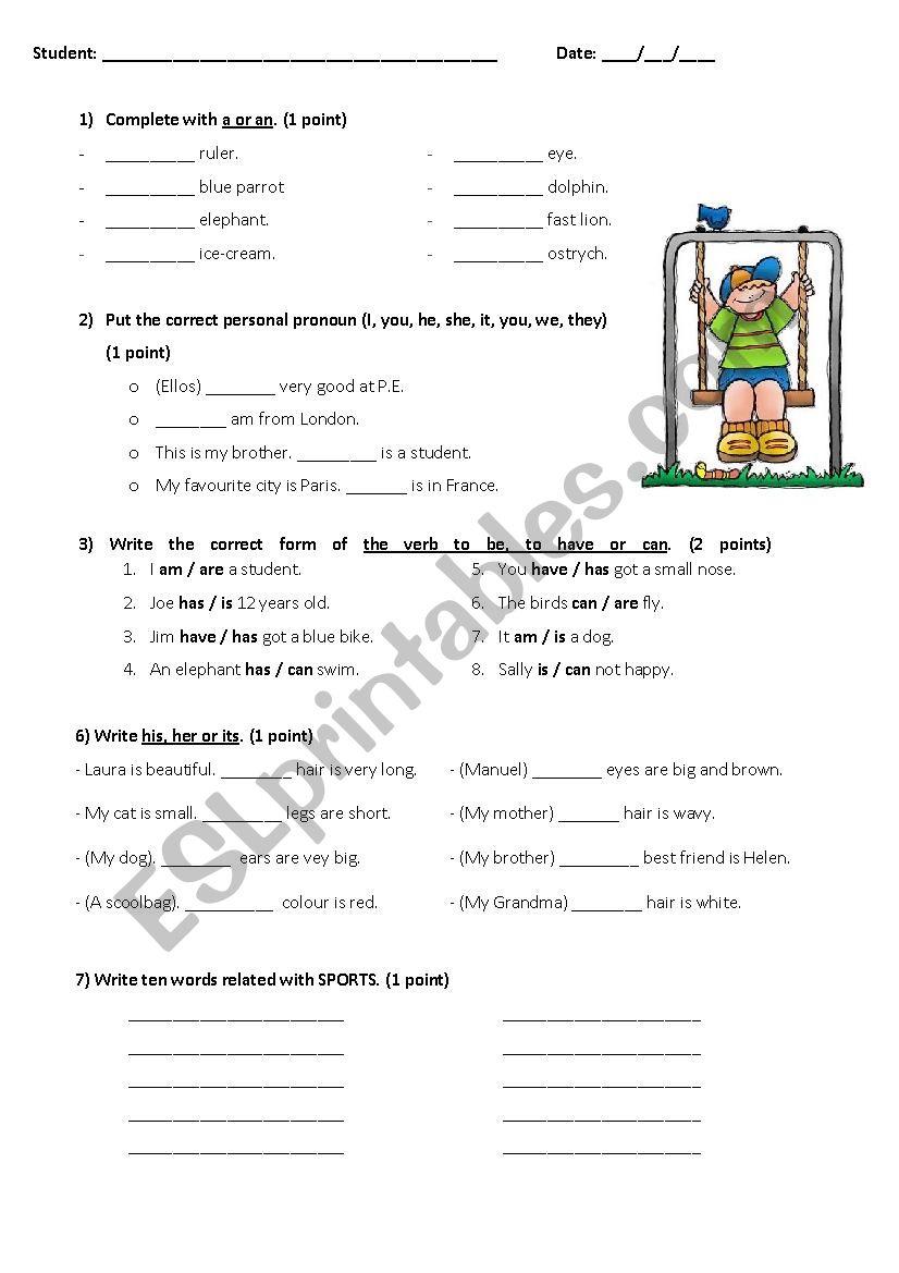 Test for primary students worksheet