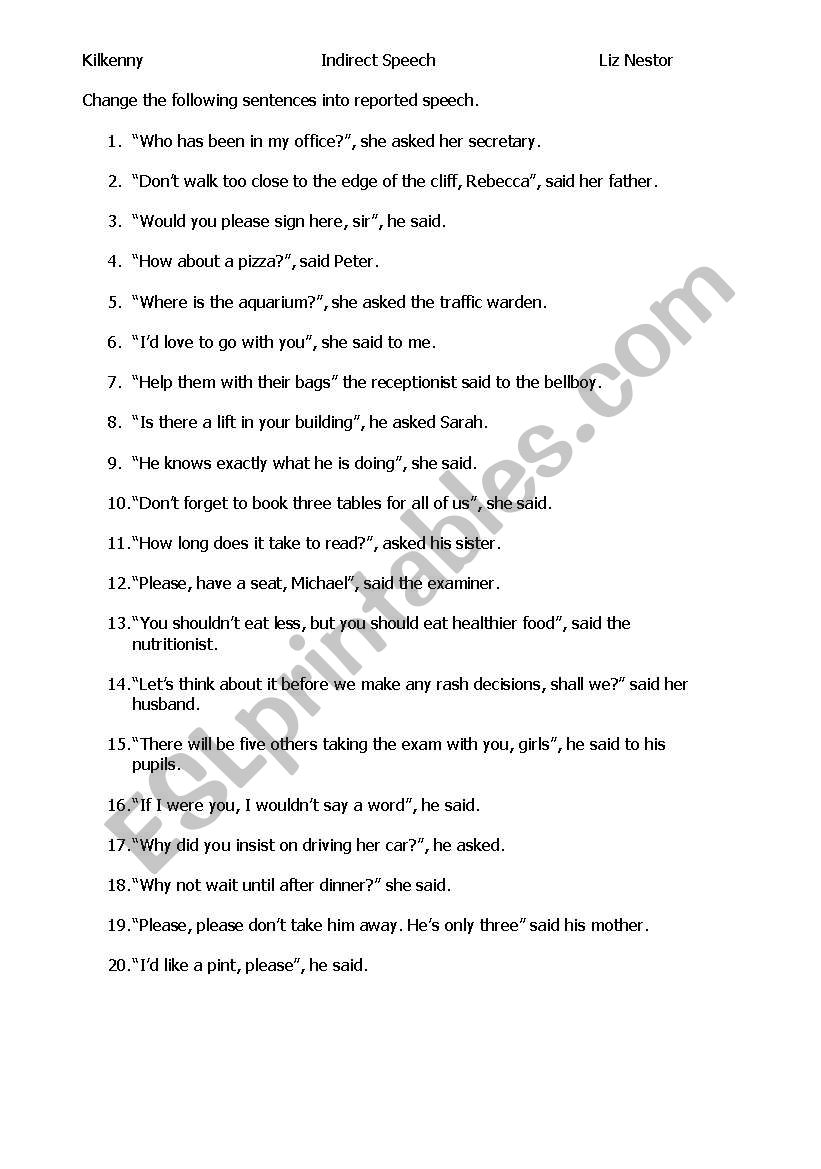 Direct -> Indirect speech worksheet