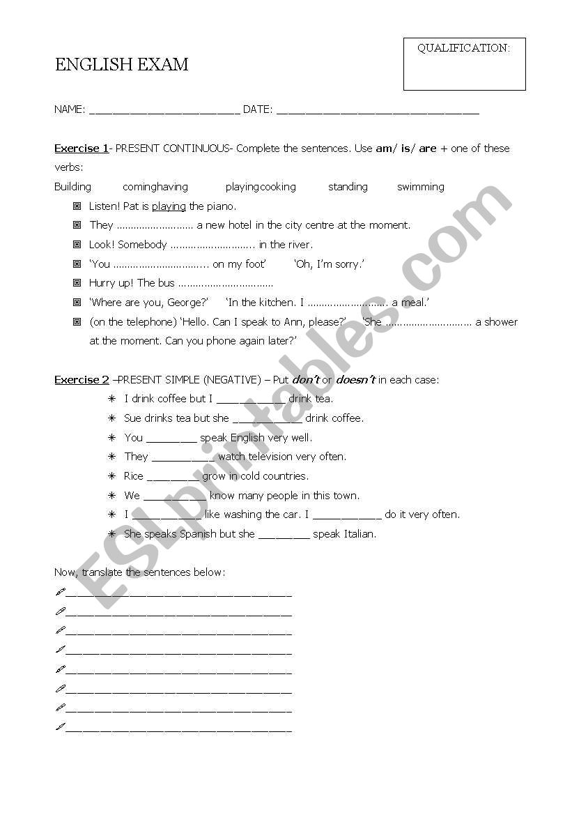 Enslish test worksheet