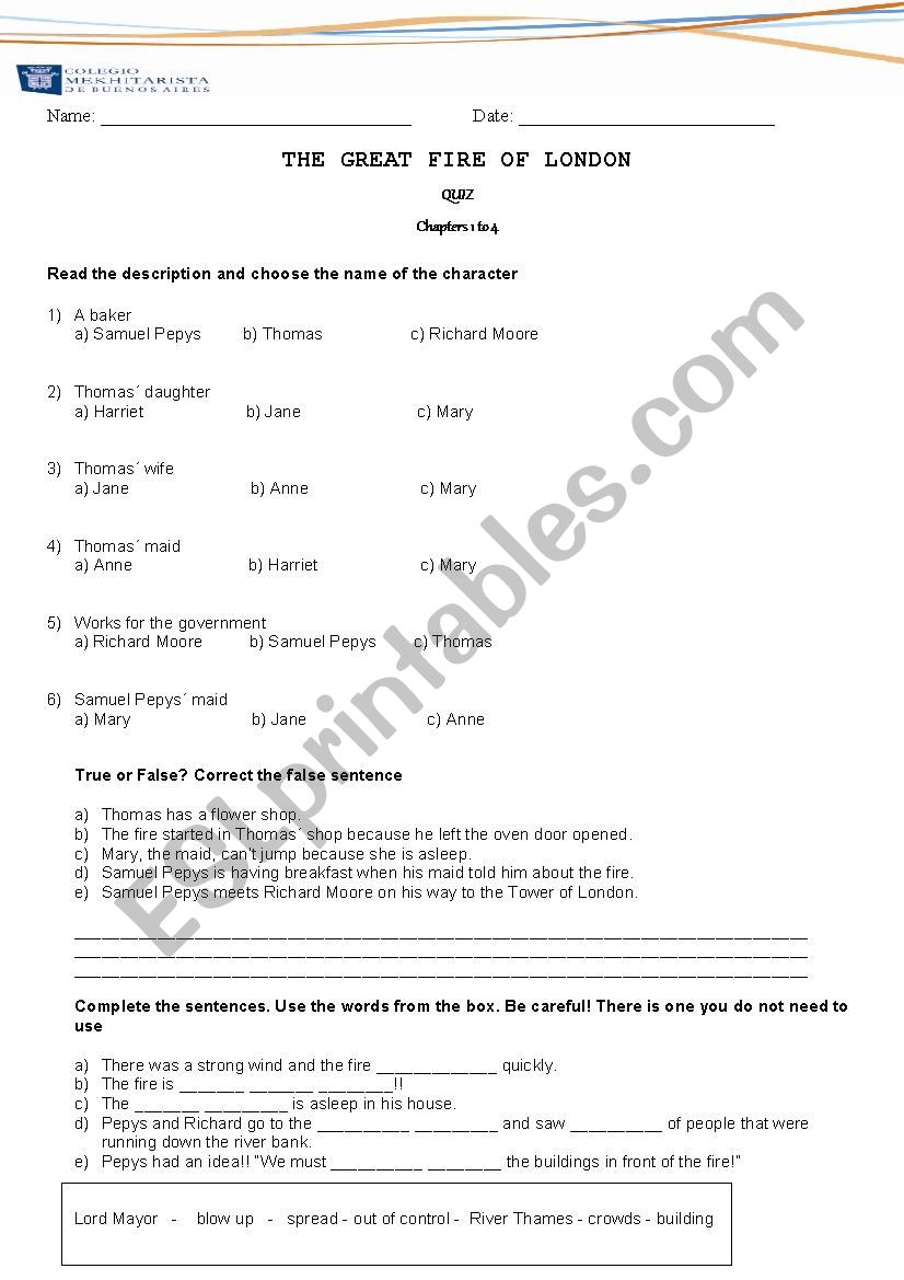 The Great Fire of London worksheet