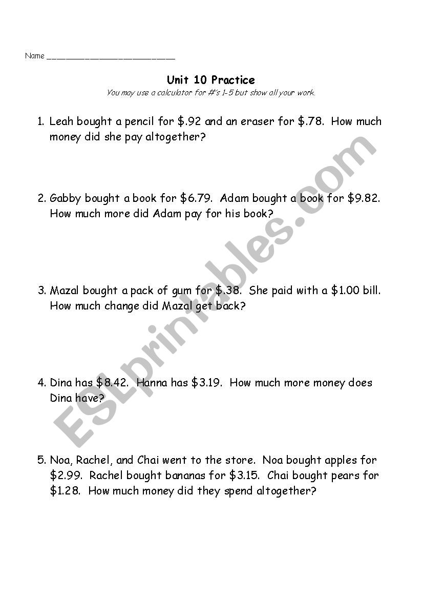 Money Word Problems and Place Value