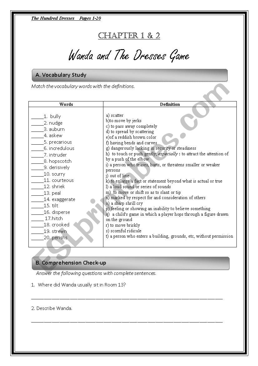 The Hundred Dresses worksheet