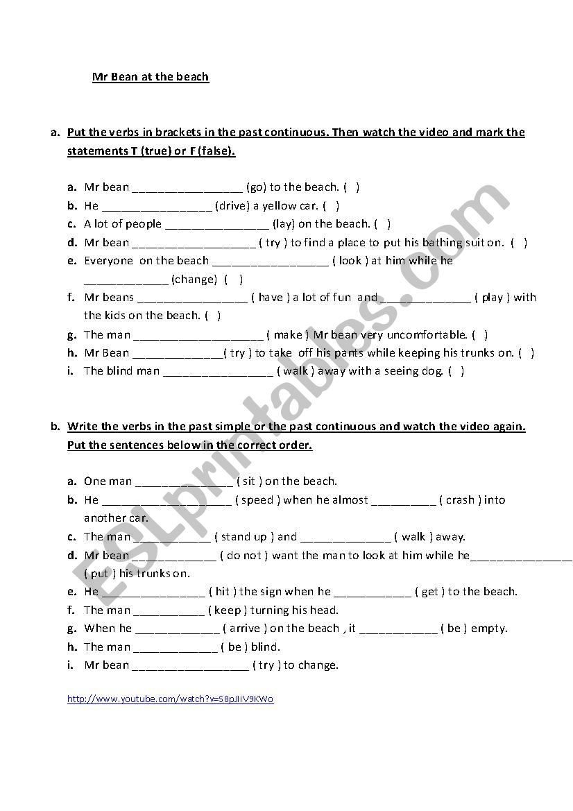 mr bean at the beach - past simple/past continuous video worksheet