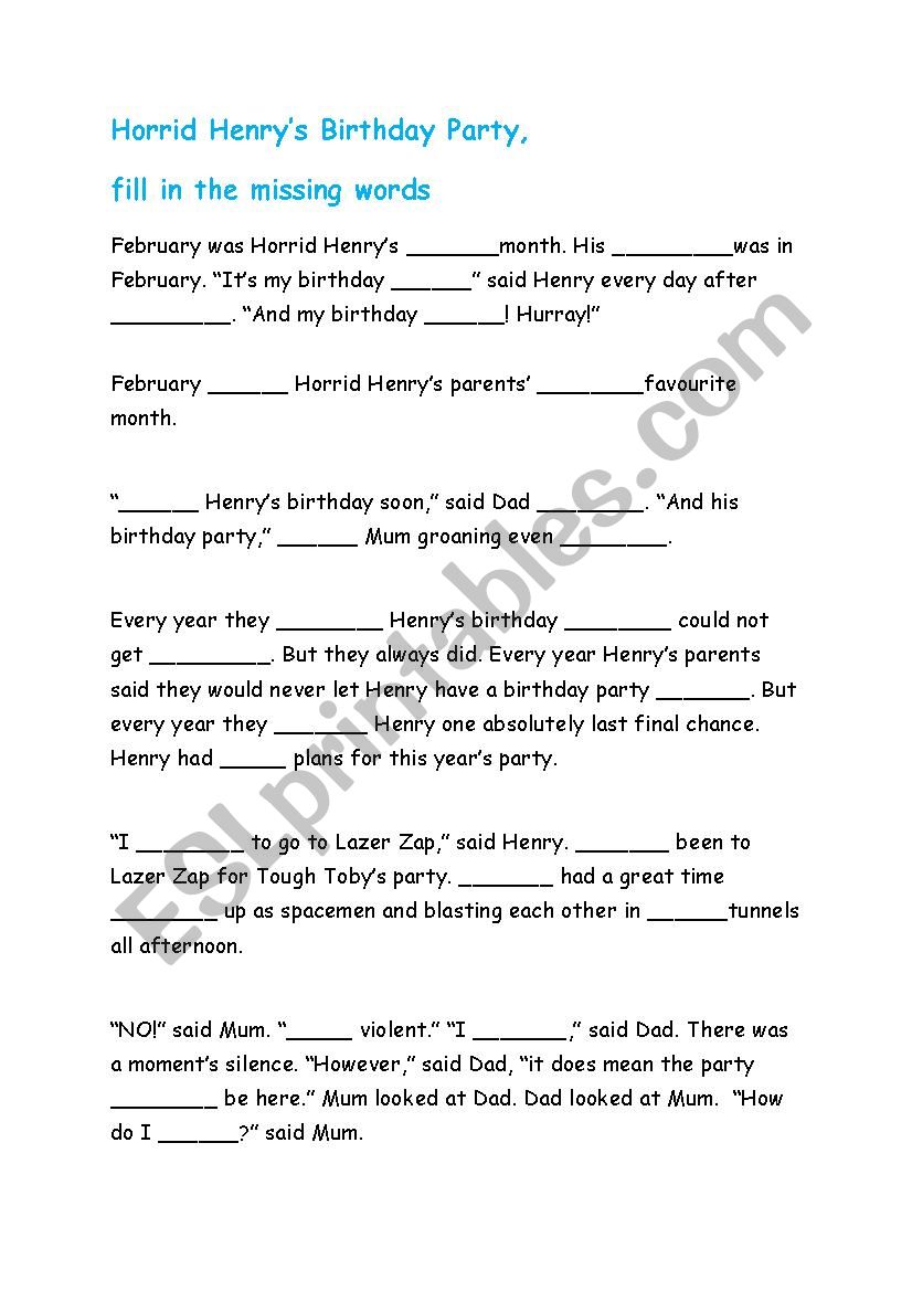 Horrid Henrys Birthday Party worksheet