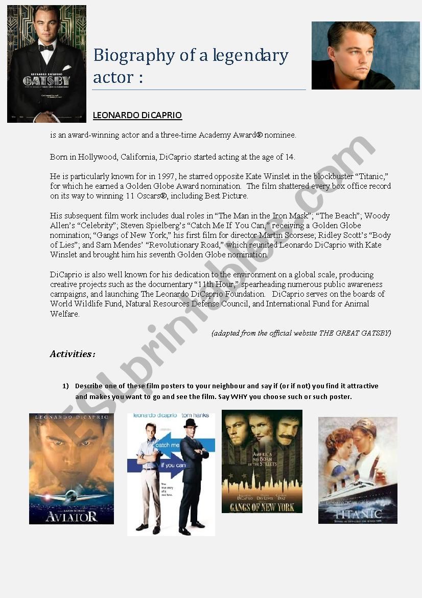 Biography Leonardo Di Caprio  worksheet