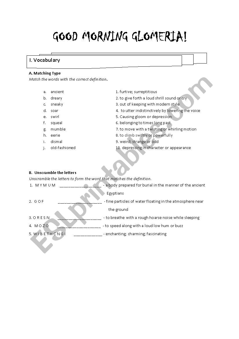 Good Morning Gloomeria worksheet