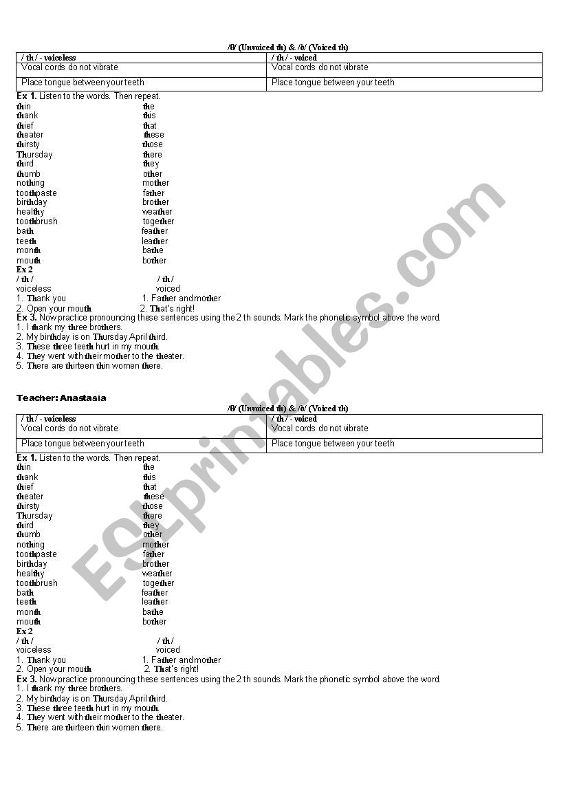 Pronunciation th worksheet