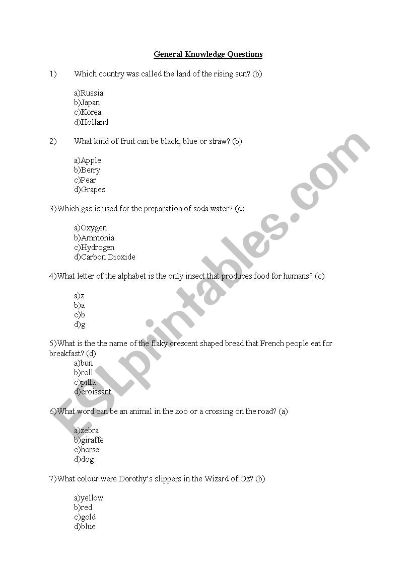 GENERAL KNOWLEDGE QUESTIONS worksheet