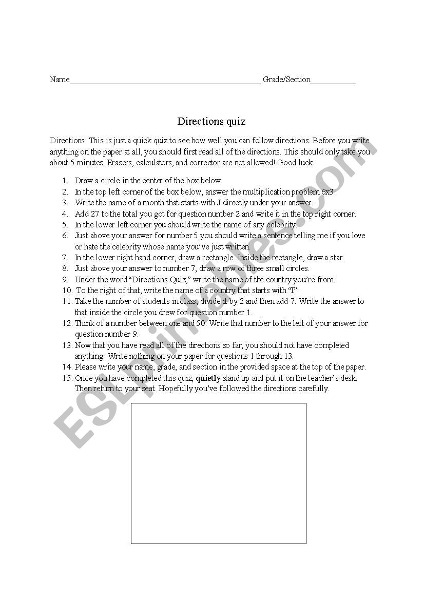 Directions quiz worksheet