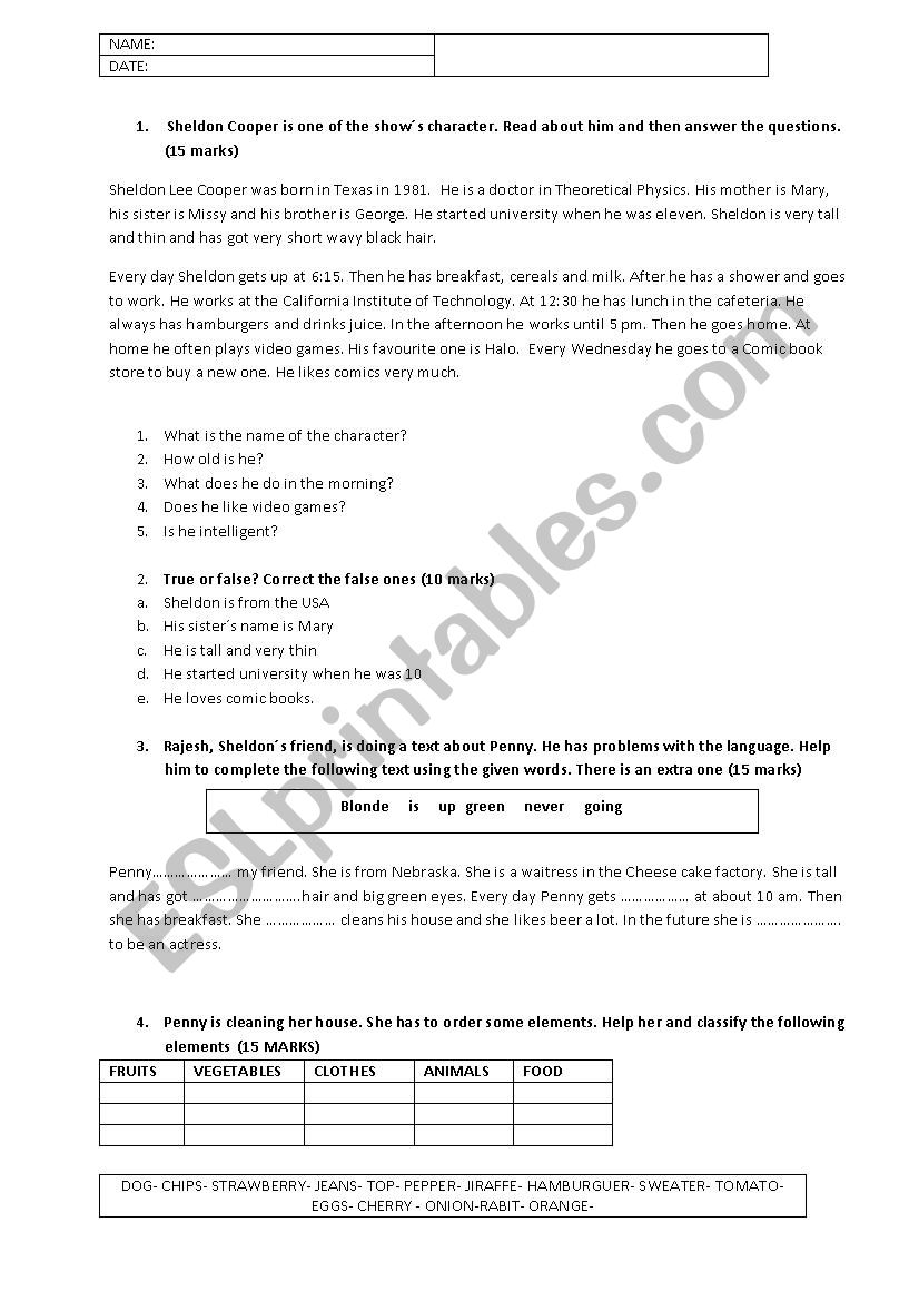 The big bang worksheet