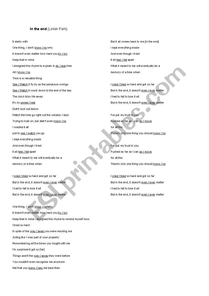 In the end by Linkin Park worksheet
