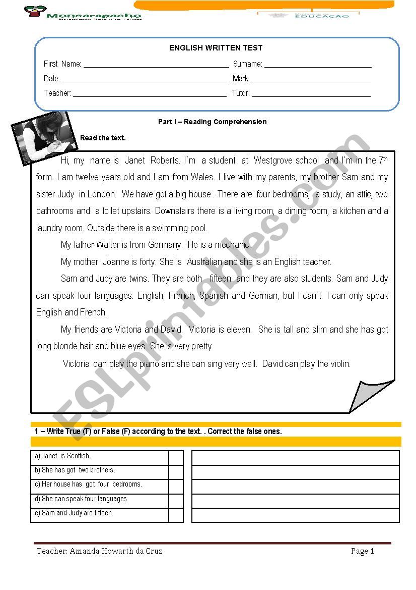 Test 5th Form Can worksheet
