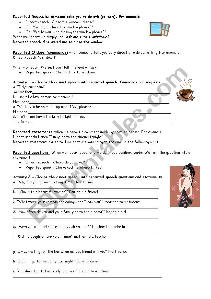 reported speech revision worksheet