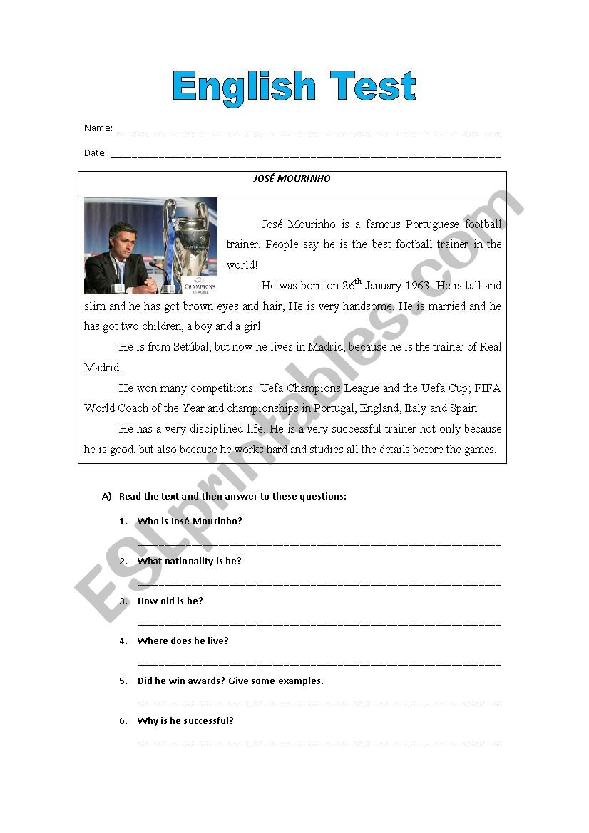 Jos Mourinho - Test worksheet