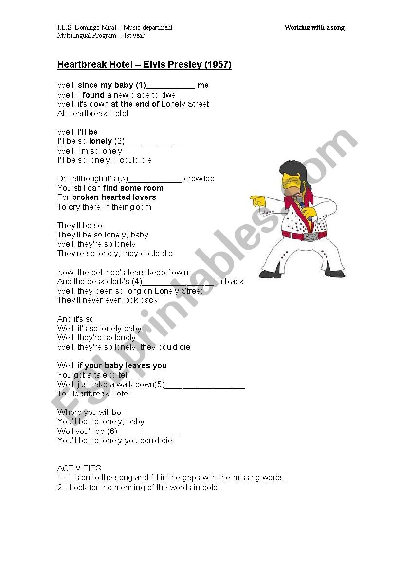 Heartbreak hotel worksheet