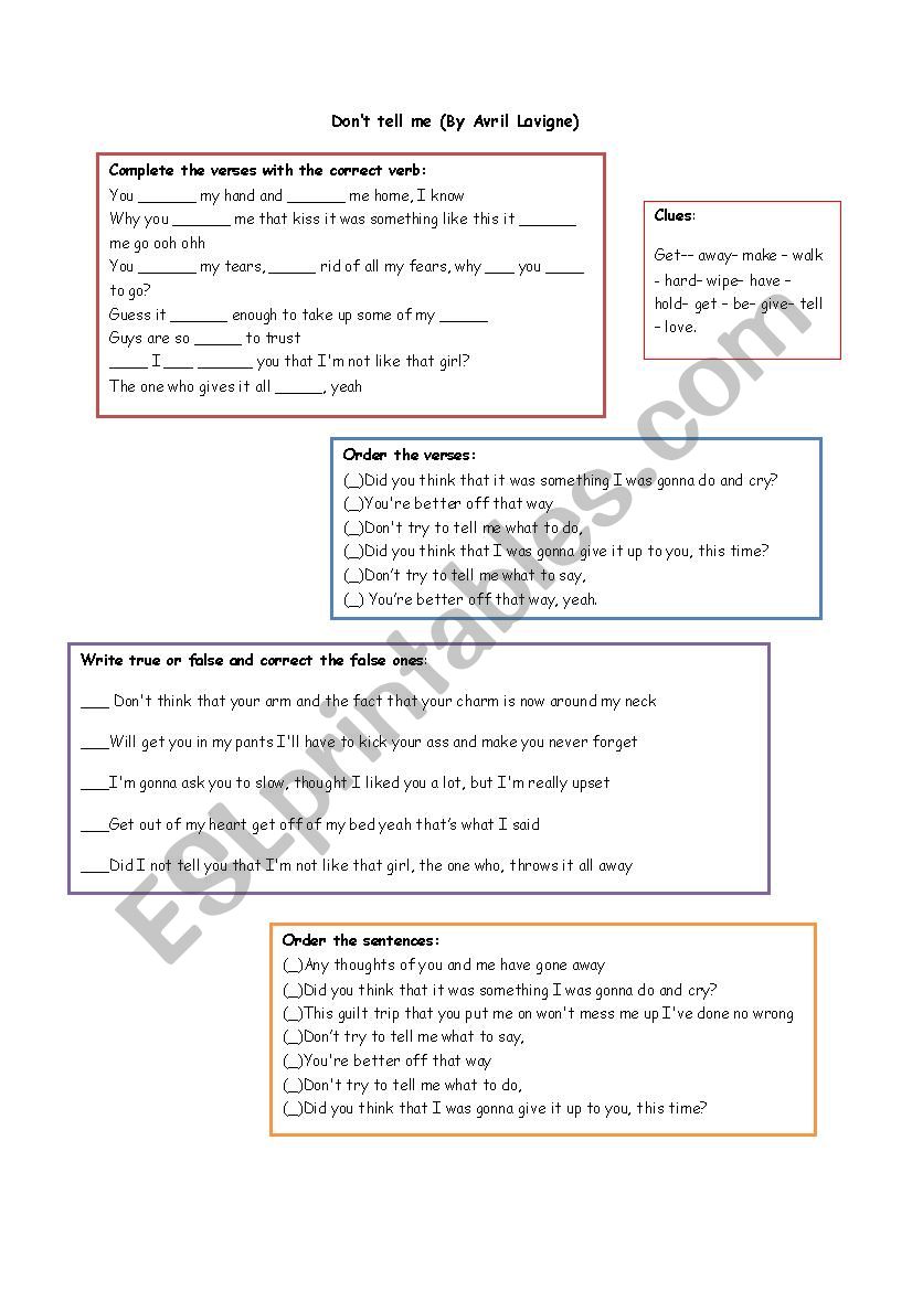 Dont tell me (Avril Lavigne) worksheet