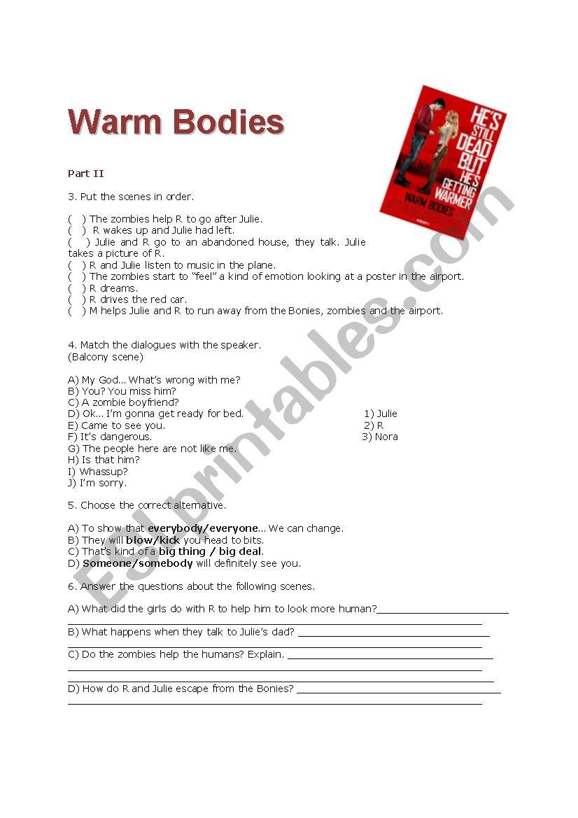 Warm Bodies Movie worksheet Part II