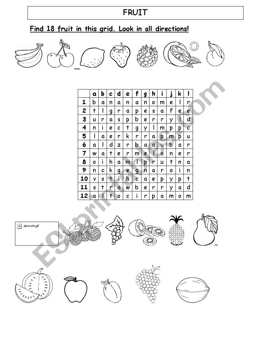 Find 18 fruit in this grid! worksheet