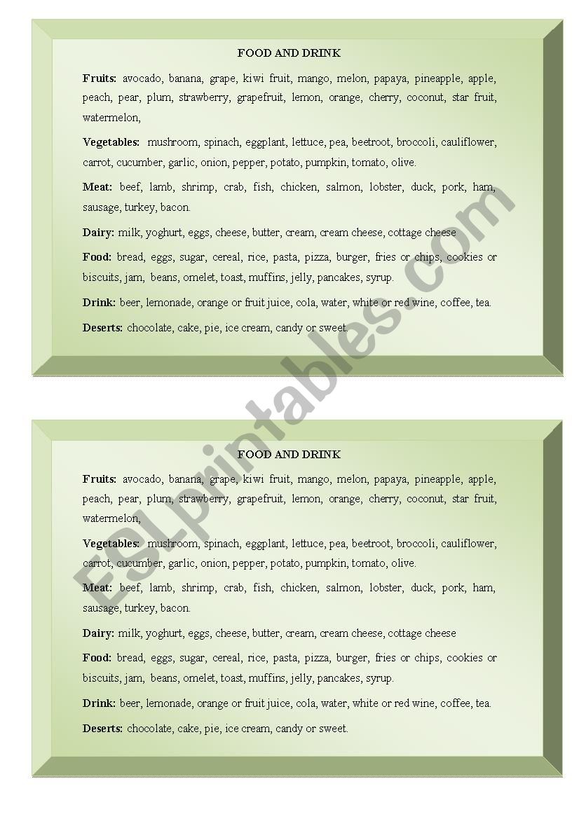 Vocabularu of food worksheet