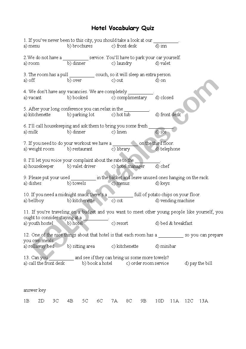 Hotel Vocabulary Quiz worksheet