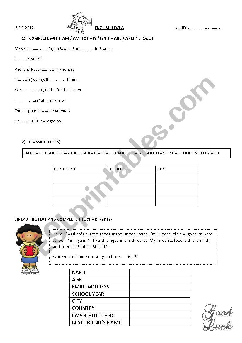 tests A and B verb to be, countries, continents and cities