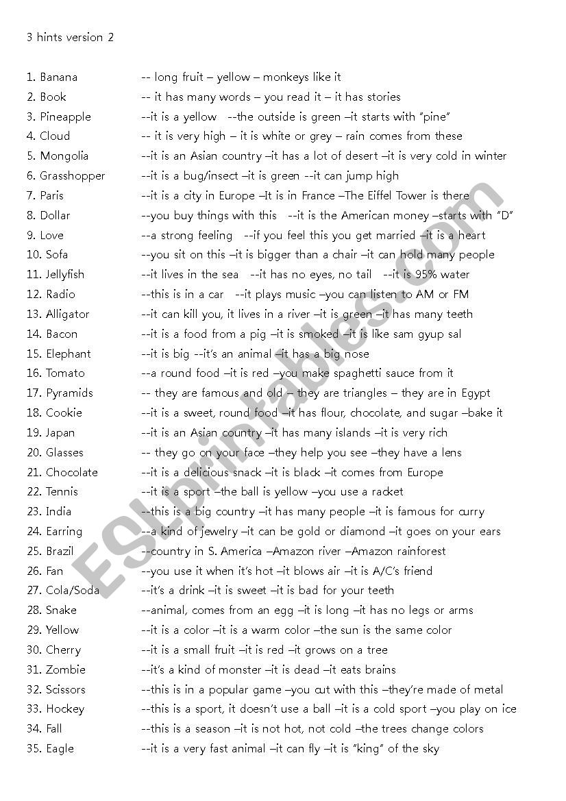 3 hints version worksheet