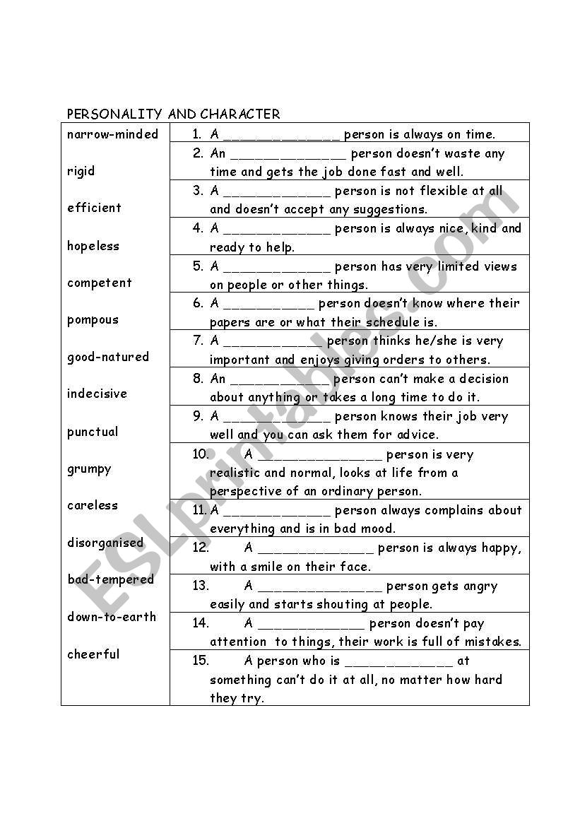 Personality and character  worksheet