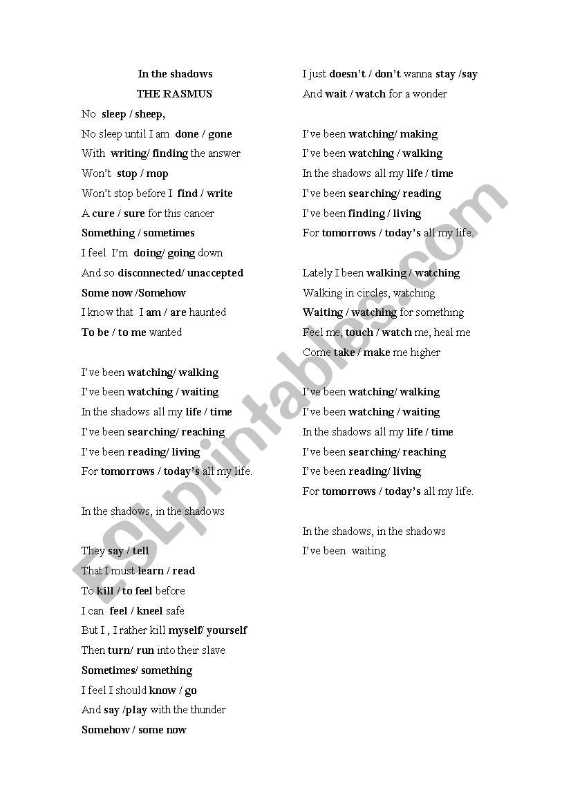 In the shadows worksheet
