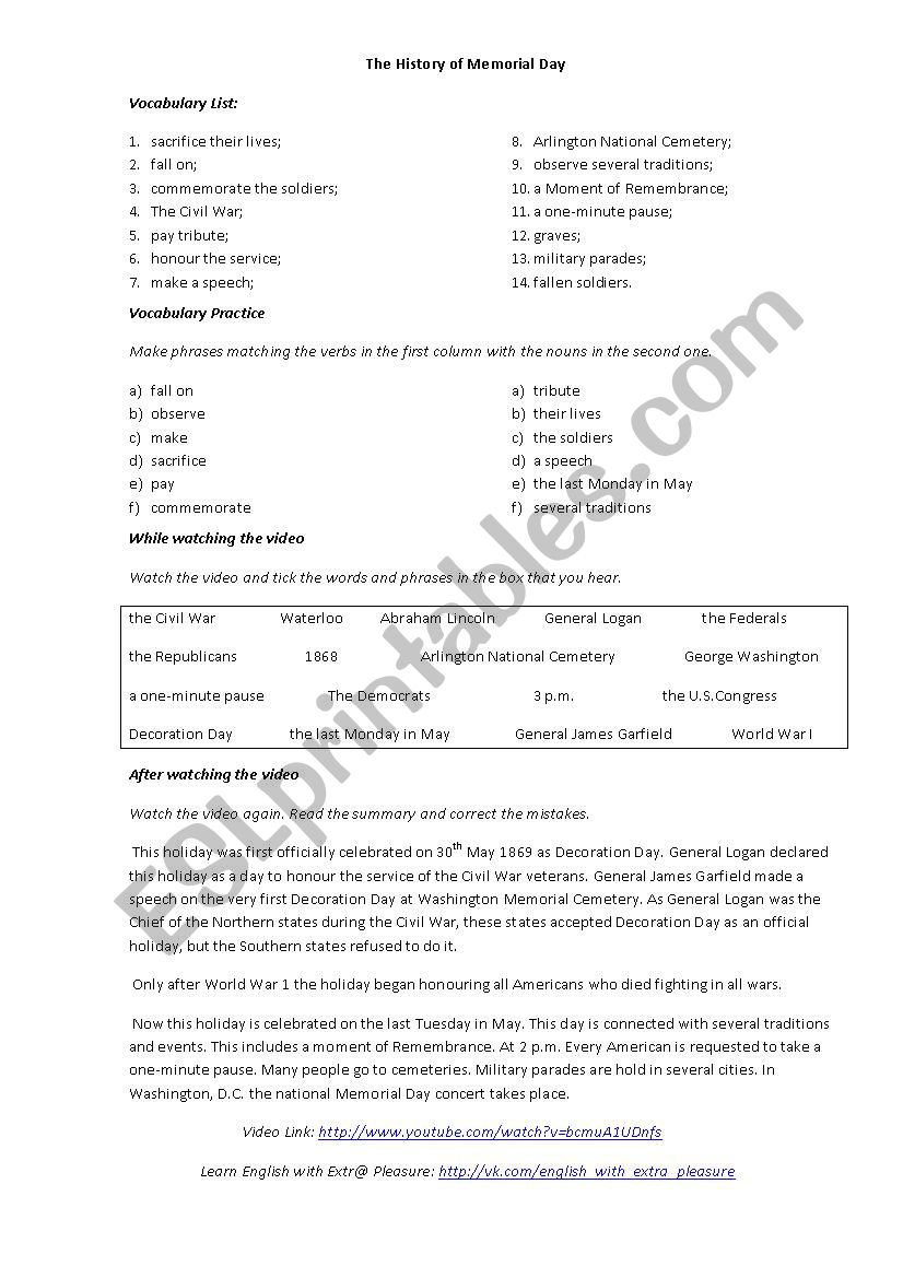 The History of Memorial Day. Video Worksheet.