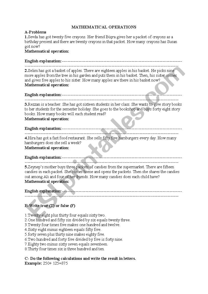 Mathematical Operations worksheet