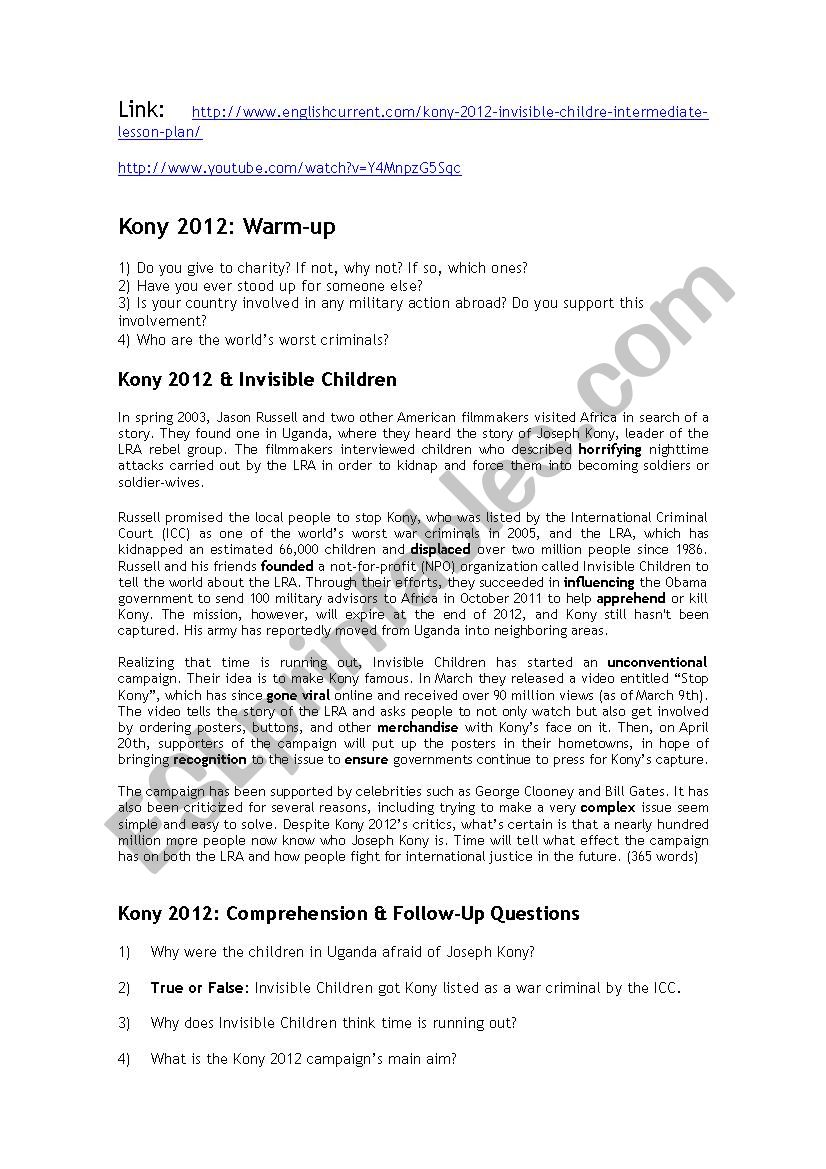 Kony 2012 worksheet