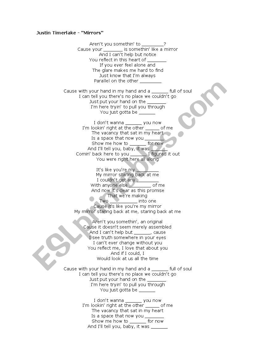 Justin Timberlake - Mirrors worksheet