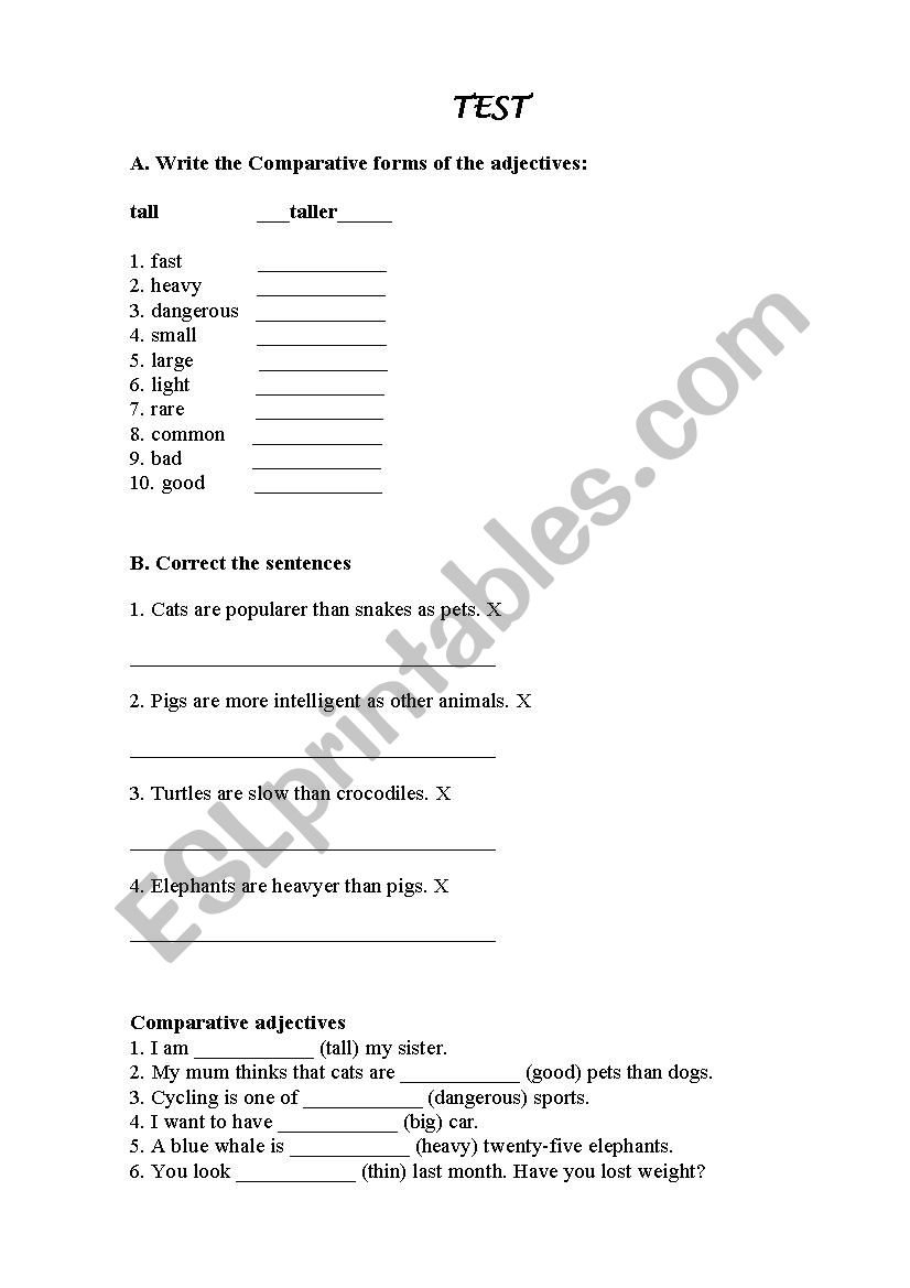 Test comparative adjective worksheet