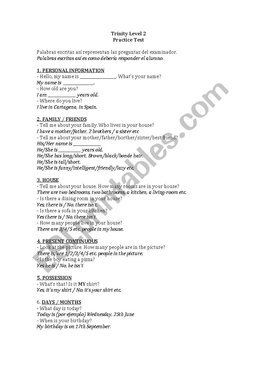 Trinity Level 2 Practice  worksheet