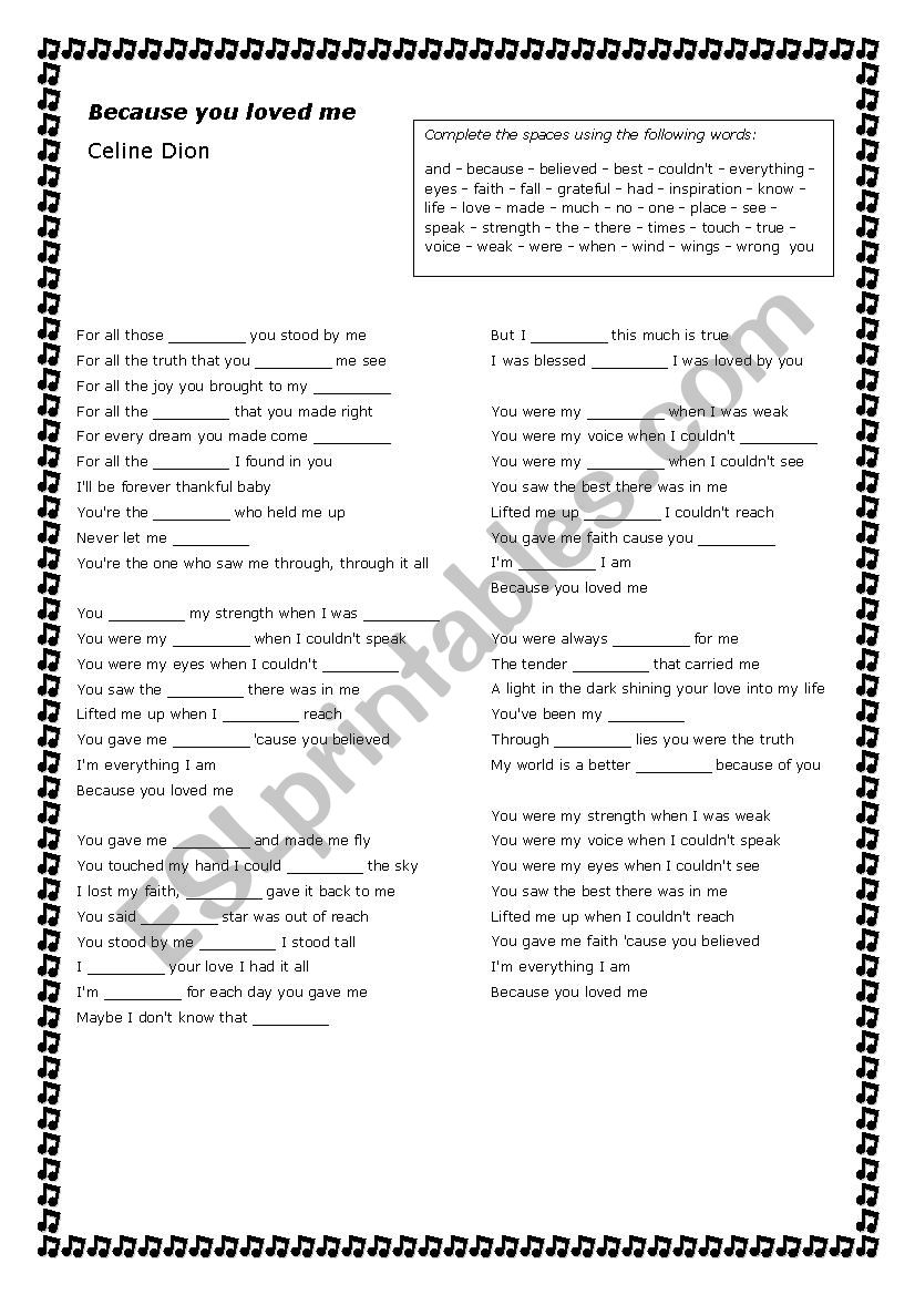 Song activity - Because you loved me - Celine Dion