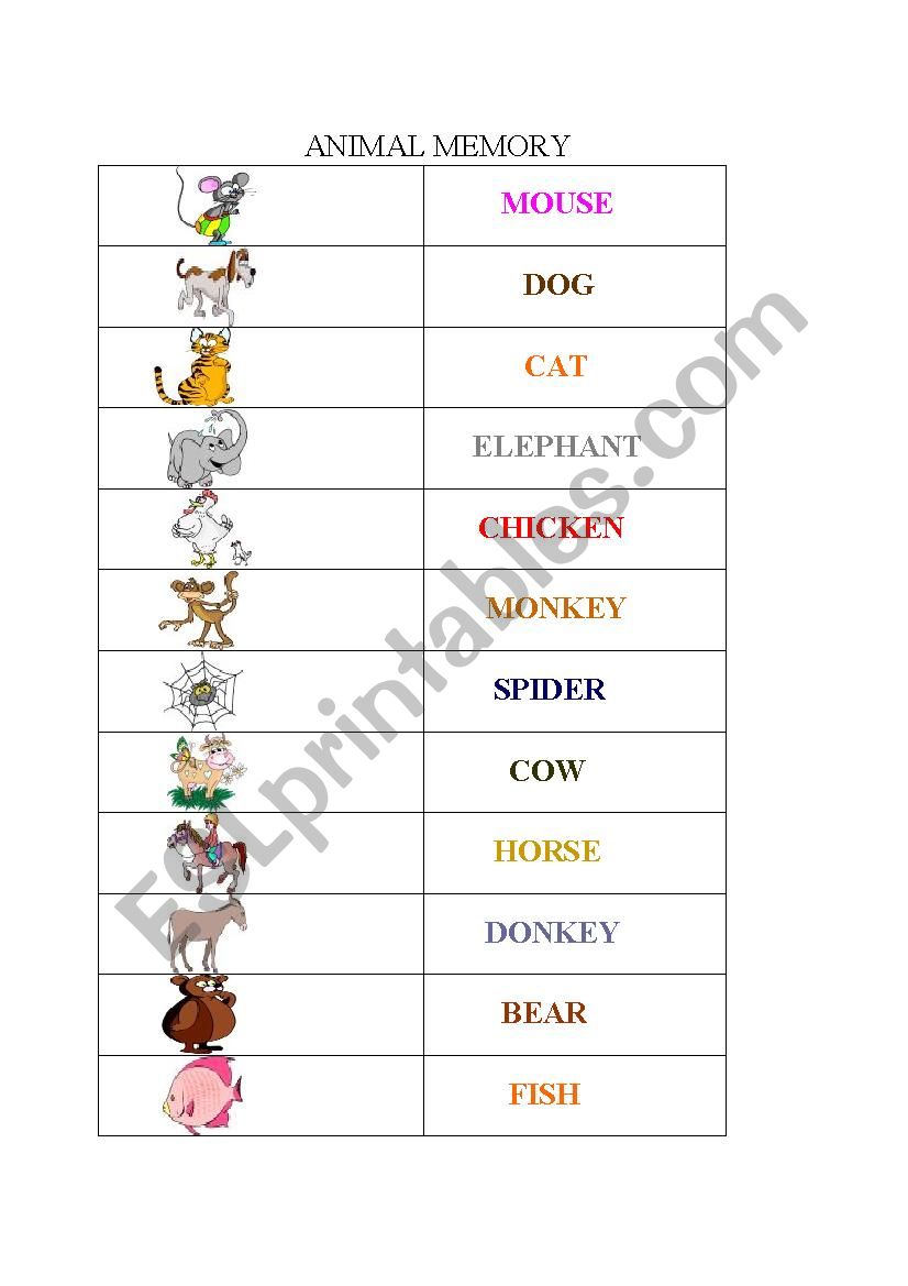 Animal memory worksheet