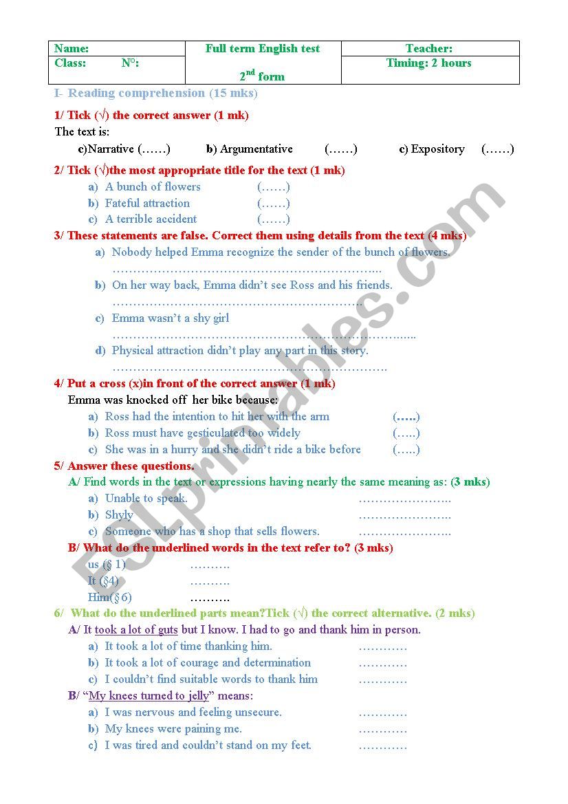 Full Term Test for second formers(useful for Tunisian teachers)
