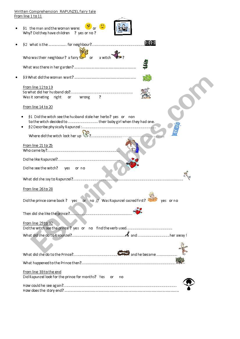 fairy tale RAPUNZEL study worksheet