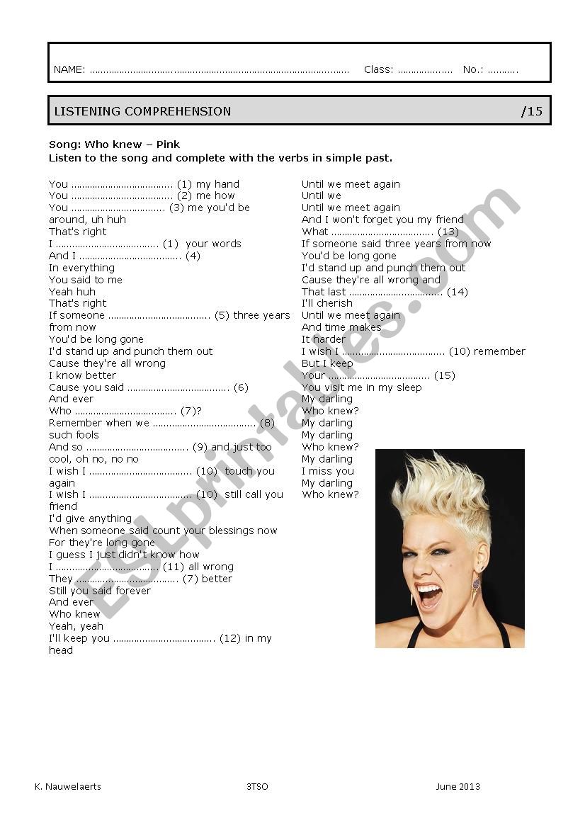Song: Who knew? By Pink worksheet
