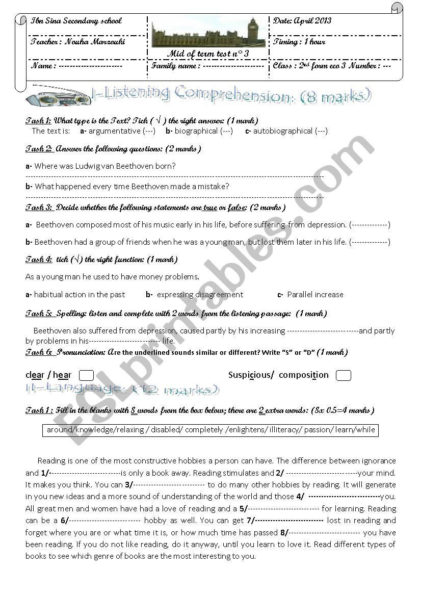 Mid of term test n°3 2nd form - ESL worksheet by salma23